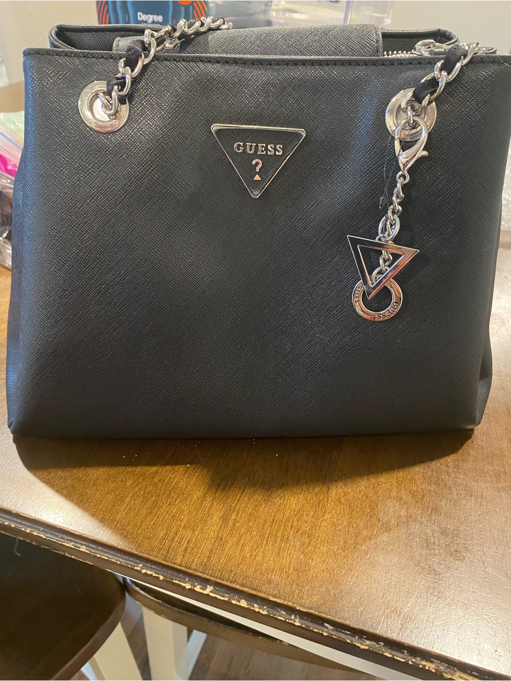 GUESS Black Saffiano Chain-Handle Shoulder Bag with Logo Charm